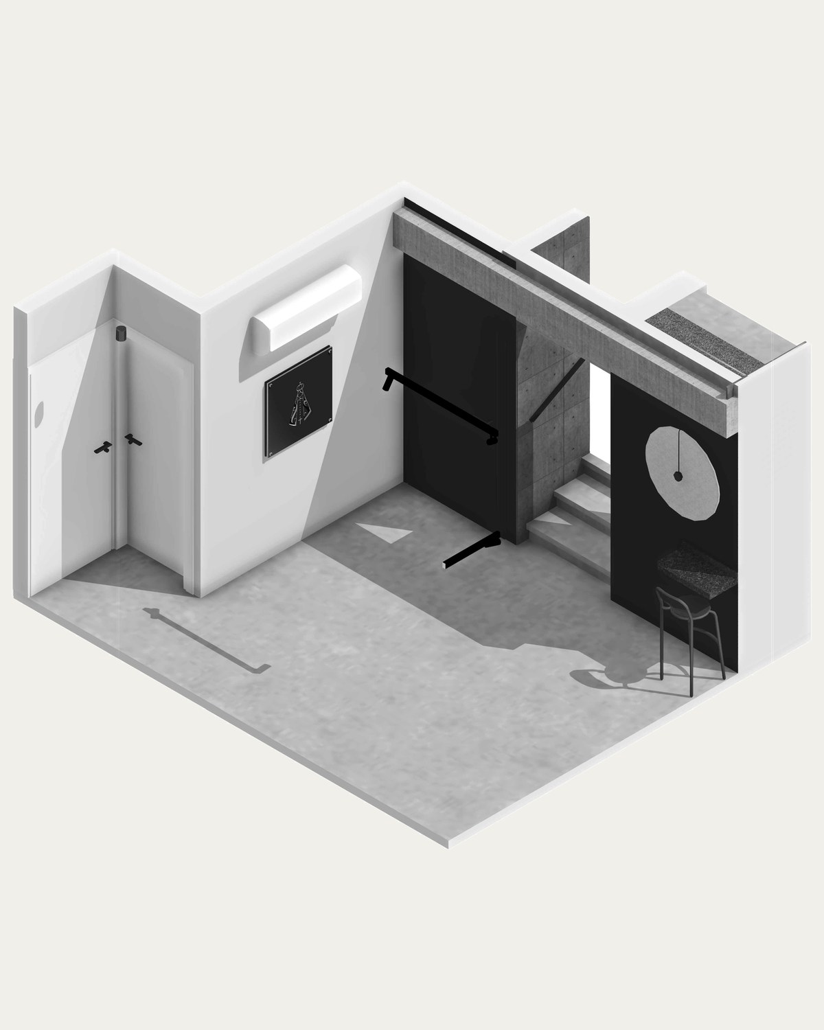 Render en corte seccionado del recibo de un apartamento: acceso, escalera de concreto y barra