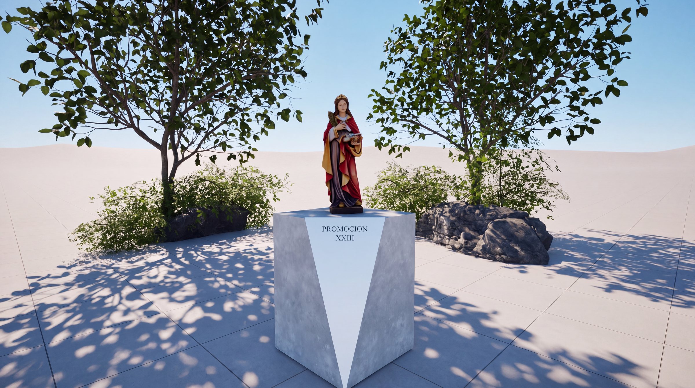 Render frontal de la base trapezoidal de concreto con la placa Promoción XXIII y la escultura de la Virgen