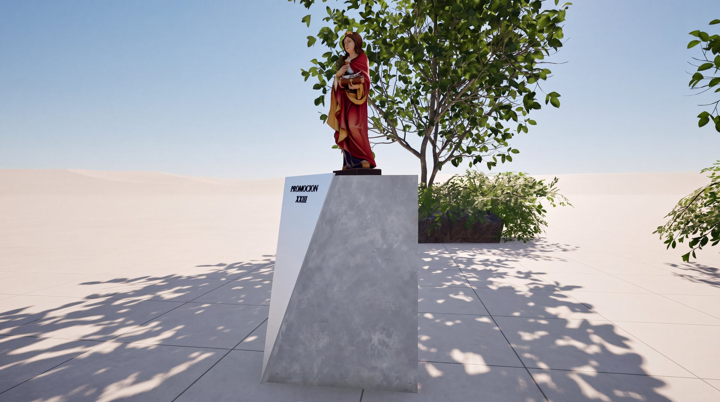 Render lateral de la base de concreto con la escultura de la Virgen